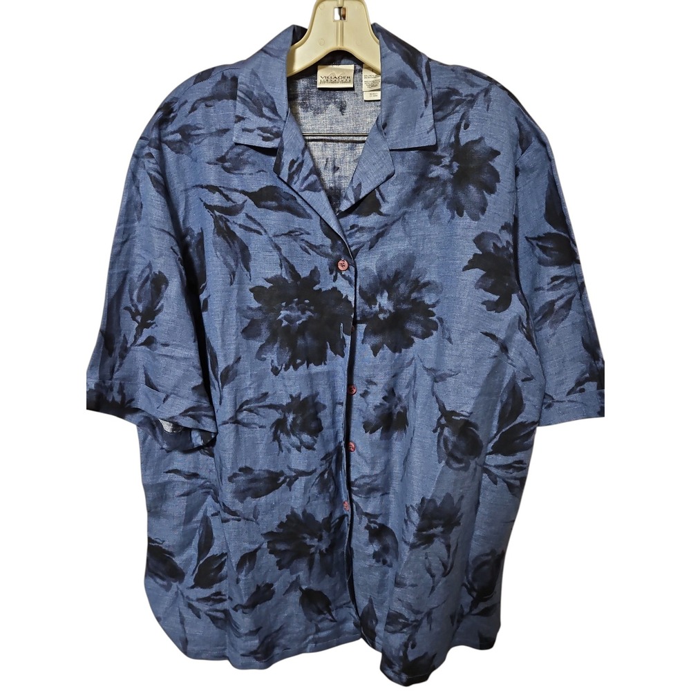 Villager Signature Liz Claiborne Blue Floral Linen Button Down Shirt Sz 1 0649